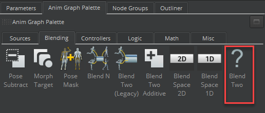 On the Anim Graph Palette tab, select the Blending tab, and then drag Blend Two into the animation graph.