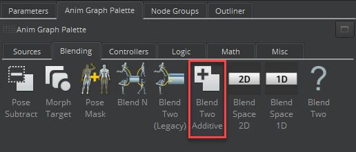 On the Anim Graph Palette tab, select the Blending tab, and then drag Blend Two Additive into the animation graph.