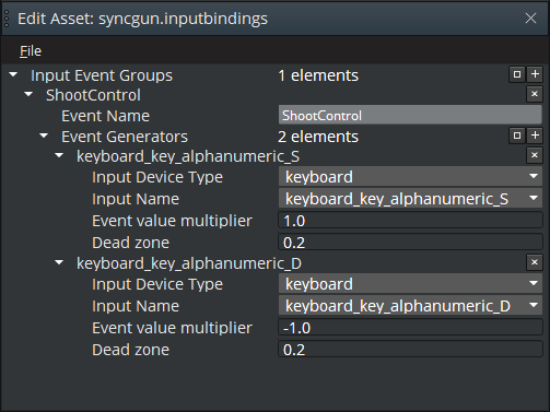 Sample input bindings asset for shoot control in the Input Bindings Editor.
