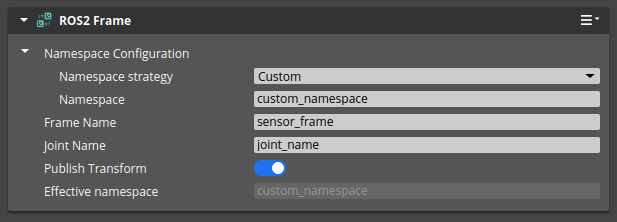 ROS 2 Frame component properties - custom namespace