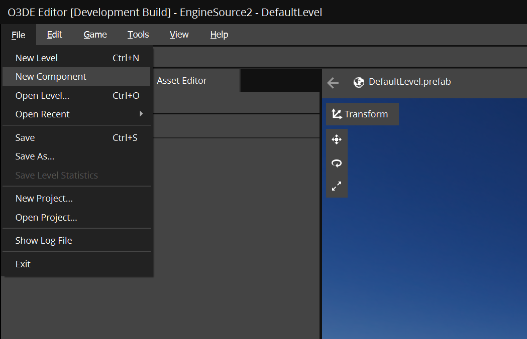 The New Component entry in the Editor's File menu