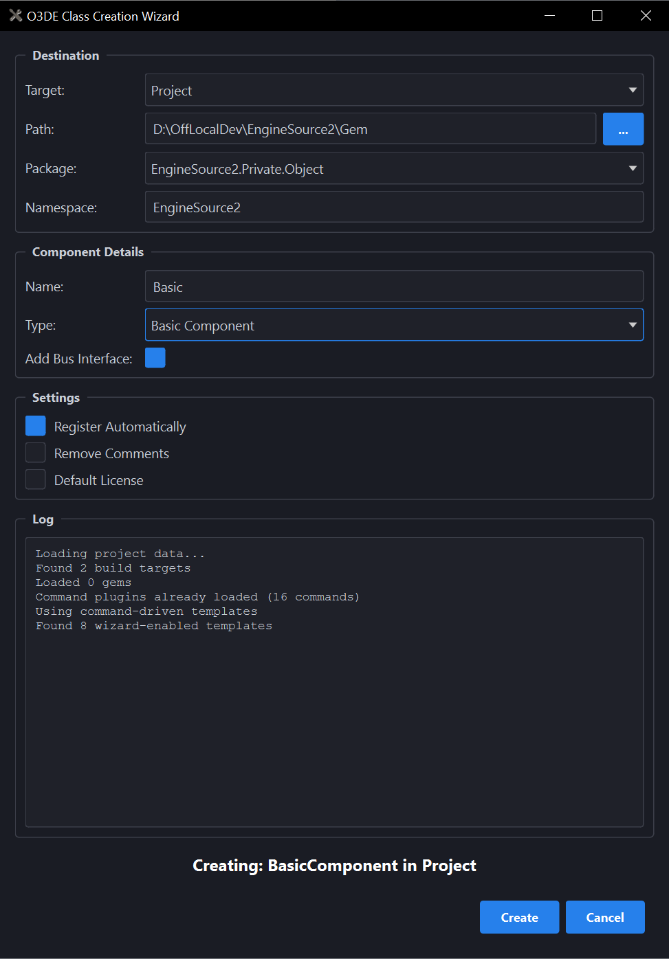 The wizard with Basic Component selected