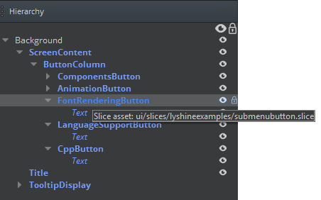 The UI Editor&rsquo;s Hierarchy pane displays in blue any elements that are part of a slice.