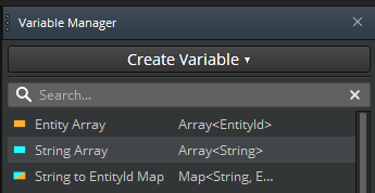A map variable in the Script Canvas Variable Manager.