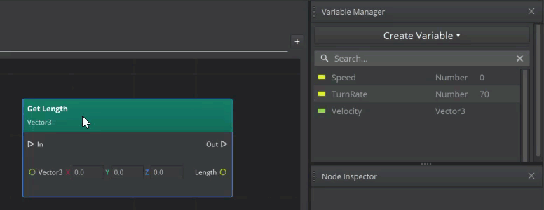 Create a variable reference by dragging a variable from Variable Manager onto a Script Canvas node&rsquo;s data pin.
