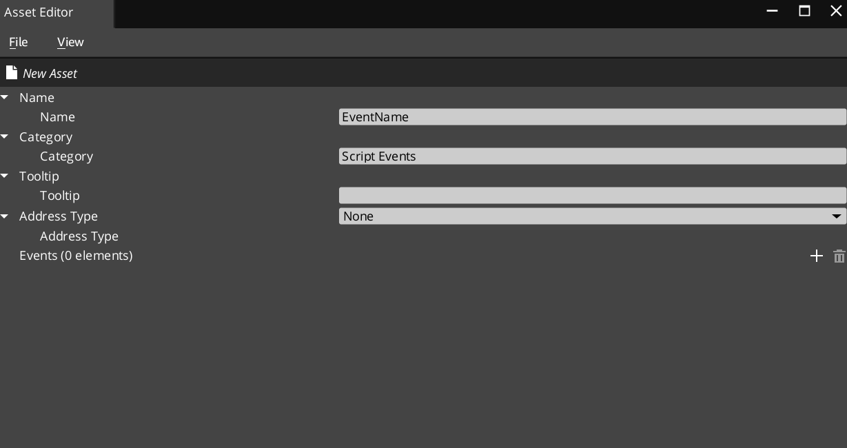 Creating a script event in the Asset Editor.
